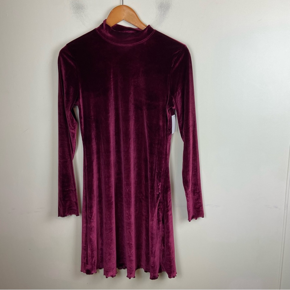 Abound Burgundy Maroon Velvet Lettuce Hem Mock Neck Longsleeve‎ Dress Large NWT